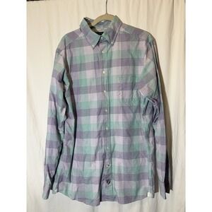 DANIEL CREMIEUX Mens White Green‎ Purple Plaid Linen Shirt Large Tall T36